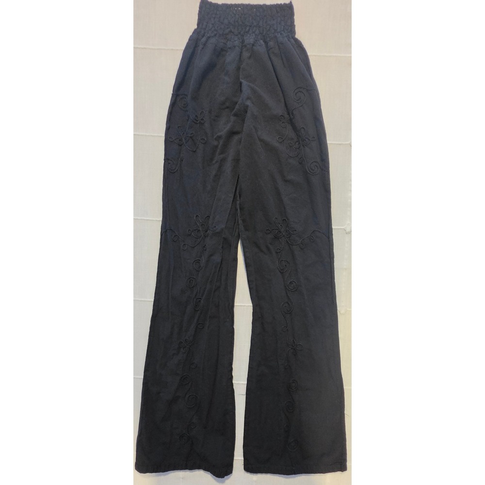 Black Embroidered Wide Leg Pants Smocked High Waist Stretchy Boho Trousers